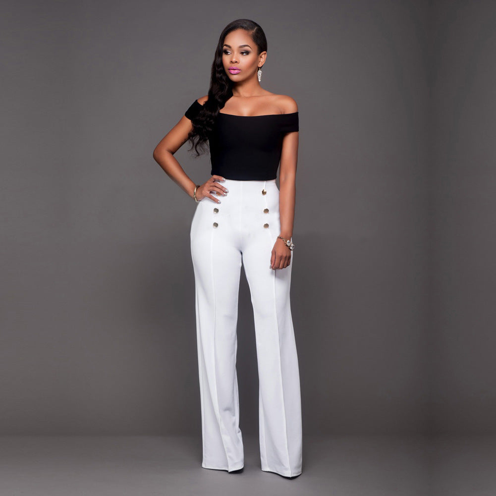 Damen hochtaillierte Palazzo-Hose mit dekorativen Knopfdetails R&B