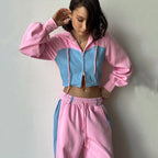 Damen nan zweiteiliges Cropped-Hoodie-Set mit Reißverschluss, elastischem Komfortbund und weitem Seitenstreifen-Hose R&B