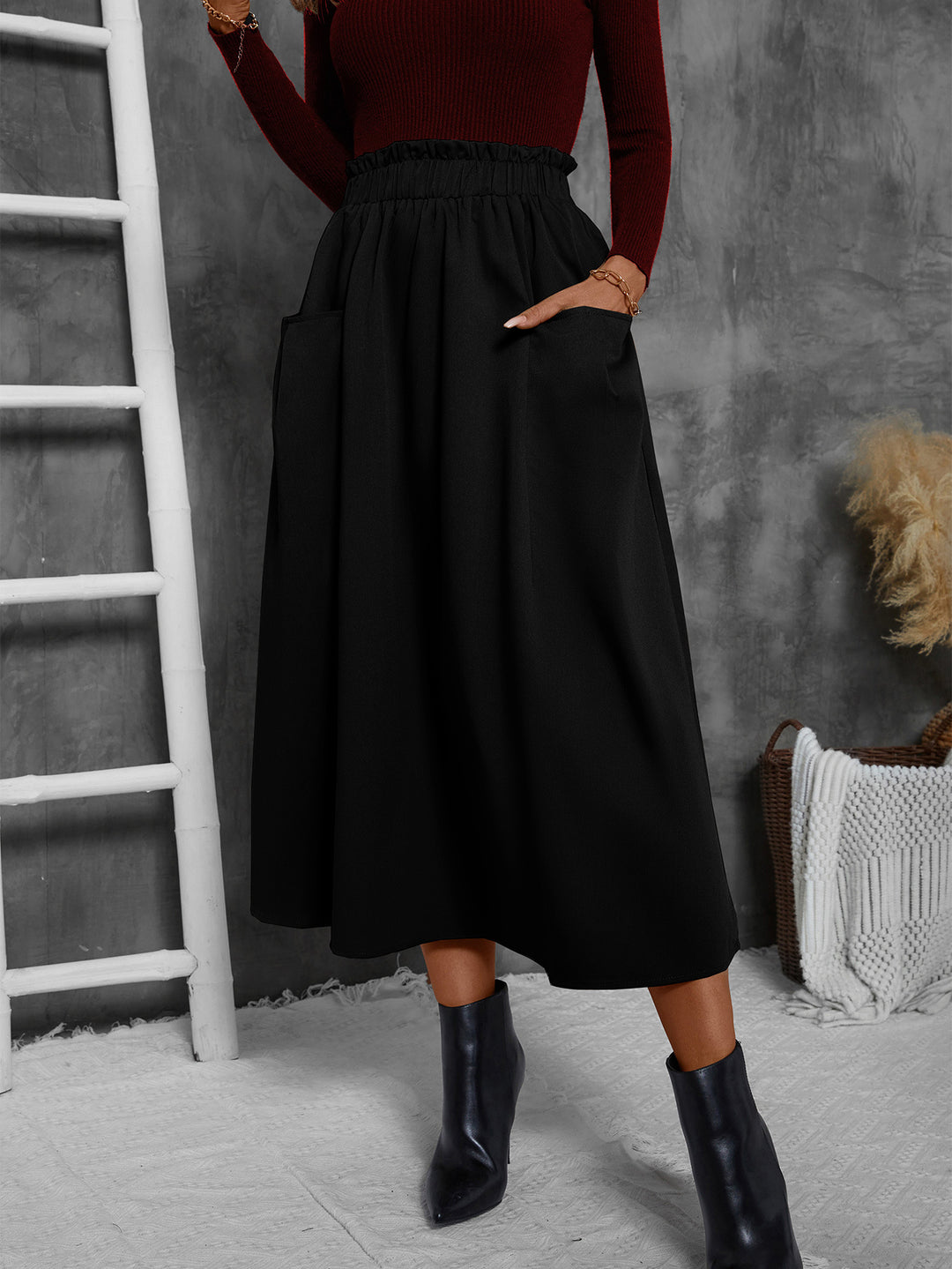 Damen Luftiger Midirock mit elastischem Bund und praktischen Taschen R&B