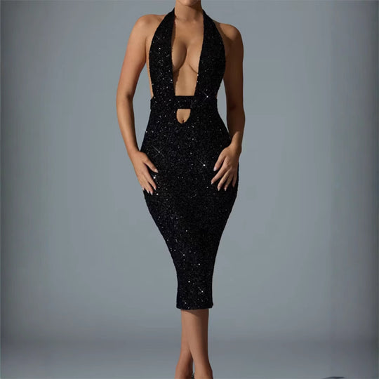 Damen Glamouröses Pailletten-Midi-Kleid mit tiefem V-Ausschnitt und figurbetonter Silhouette R&B