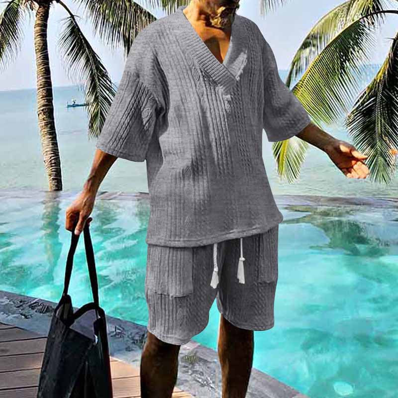 Herren nan lässiges Strick-Set mit V-Ausschnitt, Kurzarm-Oversize und Kordelshorts R&B