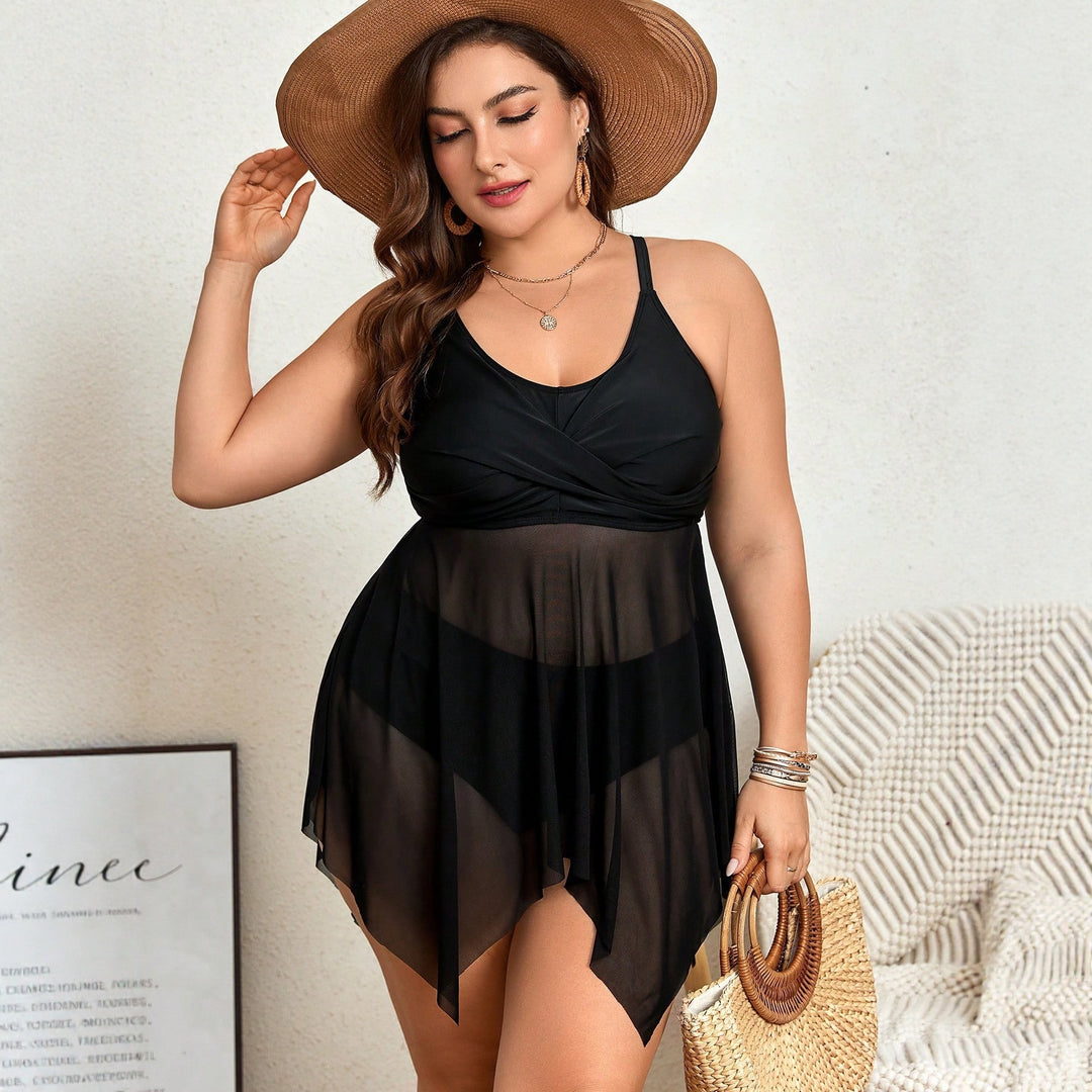 Damen Badeanzug mit transparentem Rock und raffinierter Kellerfalte R&B