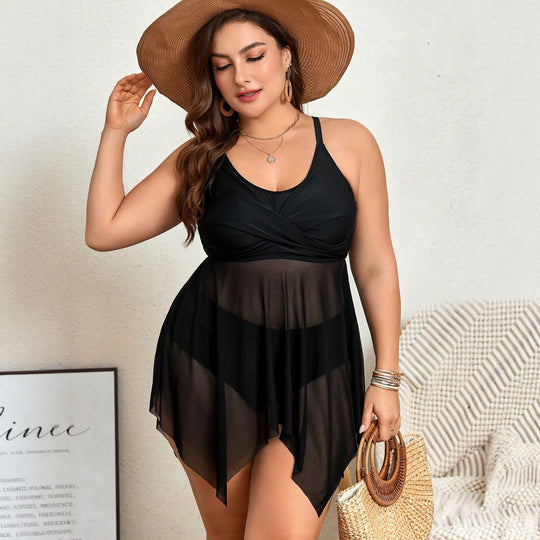 Damen Badeanzug mit transparentem Rock und raffinierter Kellerfalte R&B