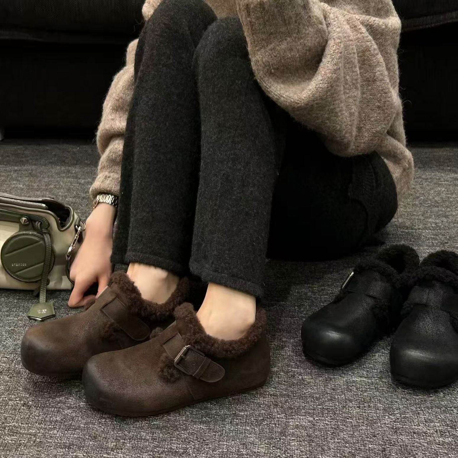 Damen Kuschelige Clogs mit weichem Kunstfell und modischem Schnallen-Design R&B