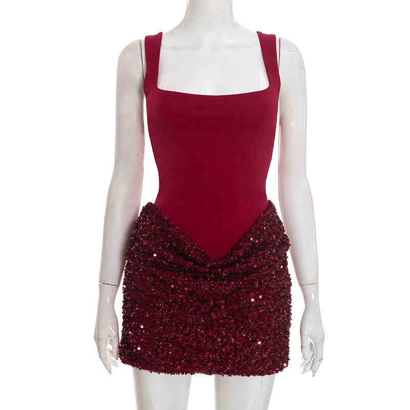 Damen elegantes Paillettenkleid mit tiefem V-Ausschnitt und figurschmeichelndem Design R&B