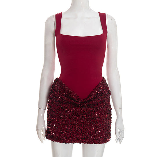 Damen elegantes Paillettenkleid mit tiefem V-Ausschnitt und figurschmeichelndem Design R&B
