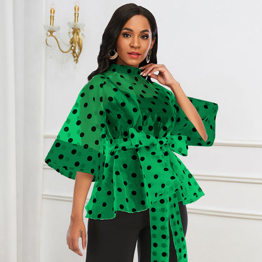 Damen Chiffonbluse mit transparentem Polka-Dots-Design und tailliertem Bindegürtel R&B