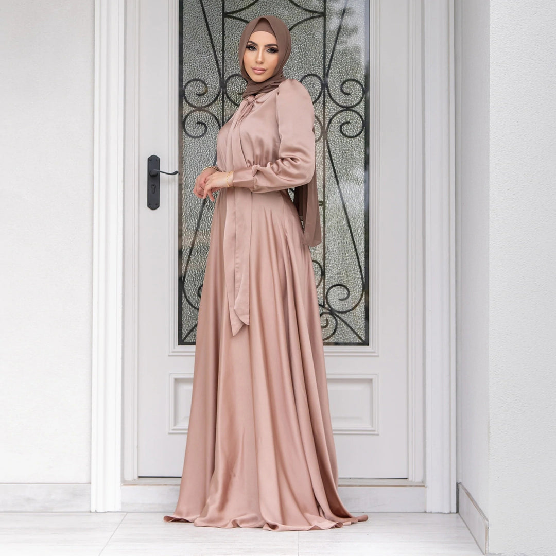 Damen Maxi-Kleid mit fließenden Ärmeln und elegantem Taillengürtel R&B