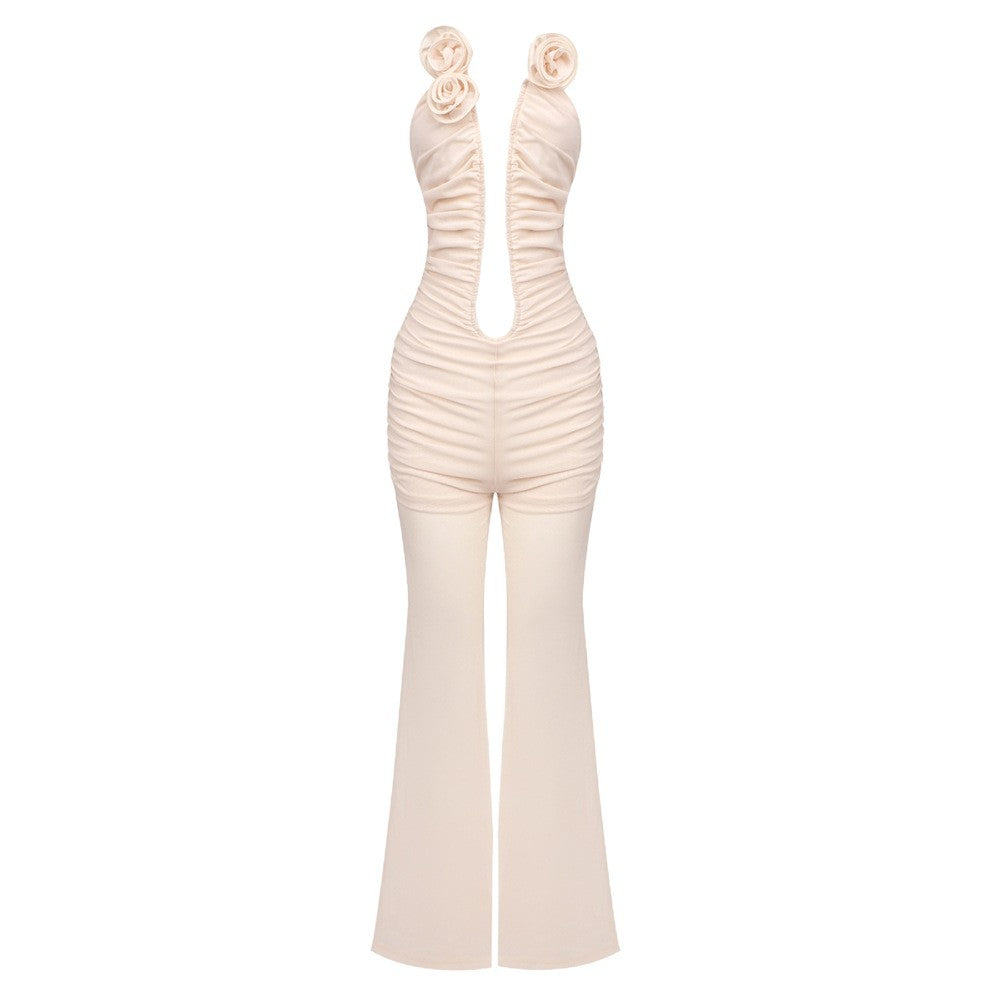 Damen Jumpsuit mit tiefem Ausschnitt und floralen Akzenten R&B
