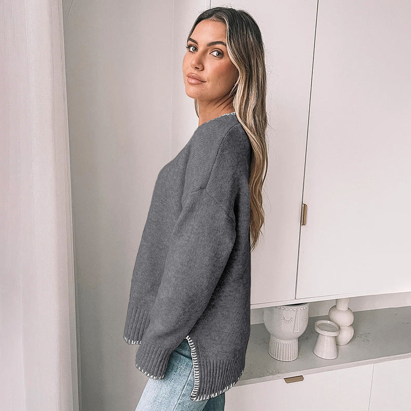 Damen Strickpullover mit dekorativem Saum und weiten Ärmeln R&B