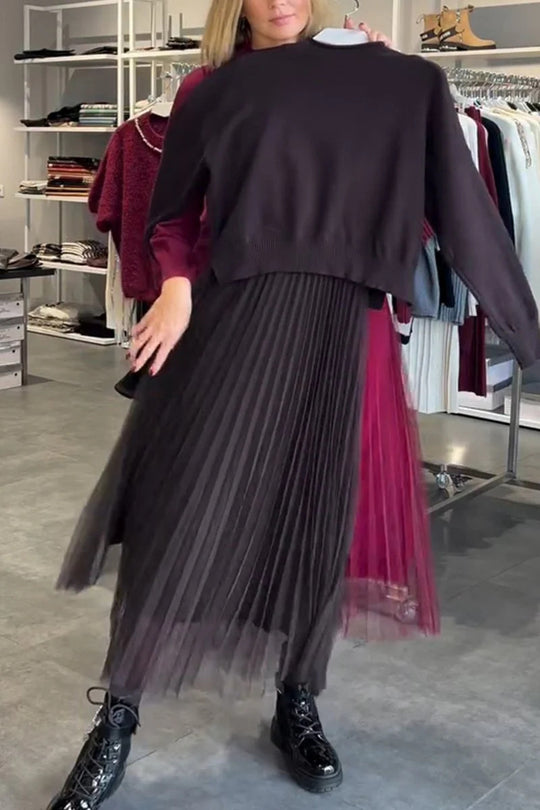 Damen Elegantes Faltenrock- und Pullover Set R&B