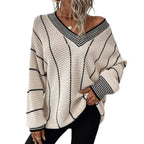 R&B | Pullover - Damen Winter Gestreifter V-Ausschnitt Strickpullover