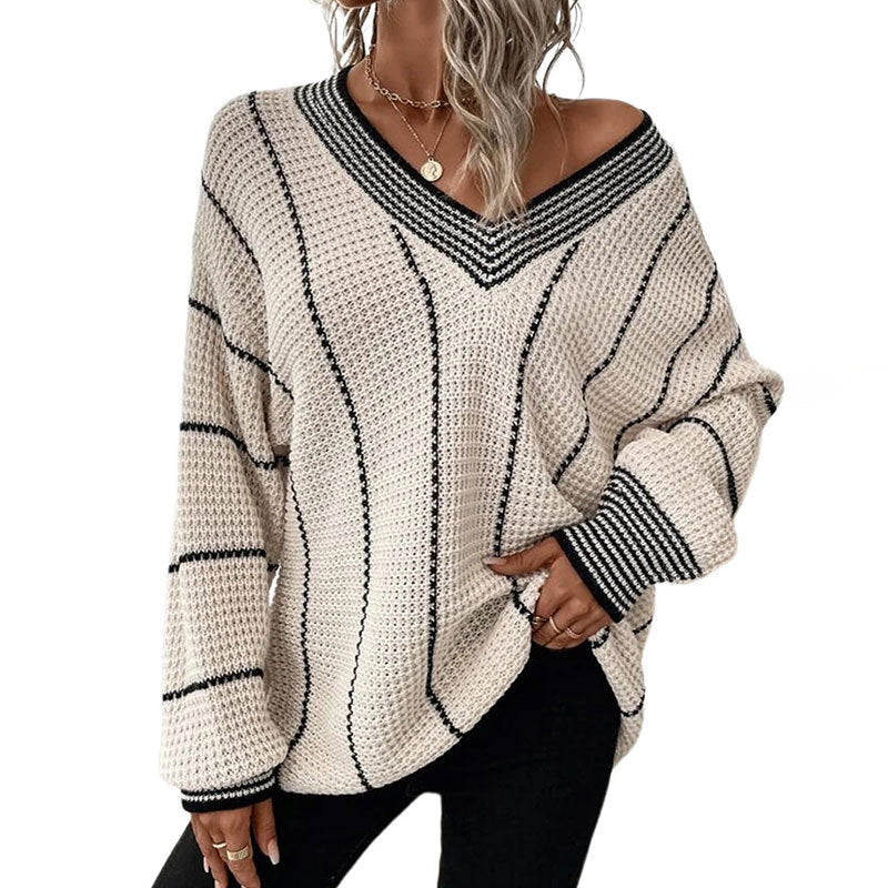 R&B | Pullover - Damen Winter Gestreifter V-Ausschnitt Strickpullover
