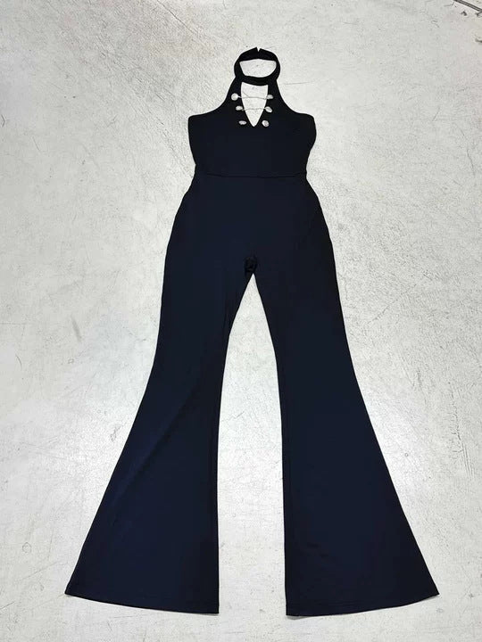 Damen Fließender Jumpsuit mit hochgeschlossenem Ausschnitt und dekorativen Knöpfen R&B