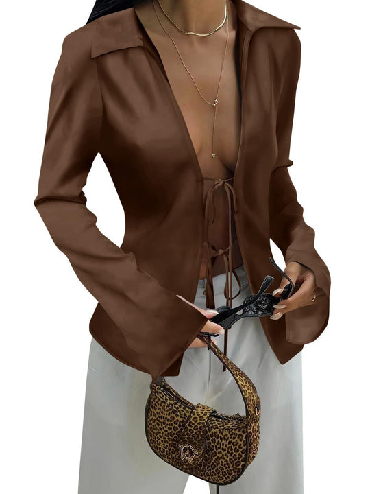 Damen elegante Bluse mit Schnürung und weitem Ärmel R&B