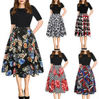 Damen Midikleid mit floralem Muster und gestreiften Akzenten