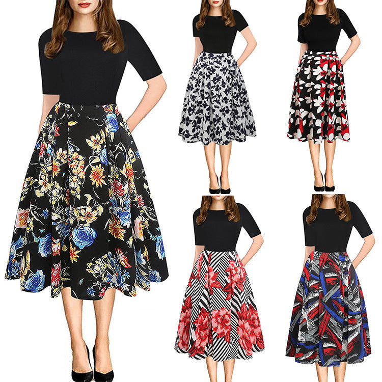 Damen Midikleid mit floralem Muster und gestreiften Akzenten