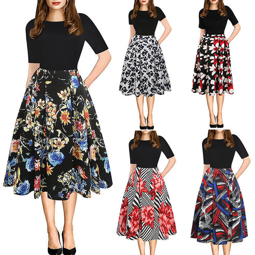Damen Midikleid mit floralem Muster und gestreiften Akzenten R&B