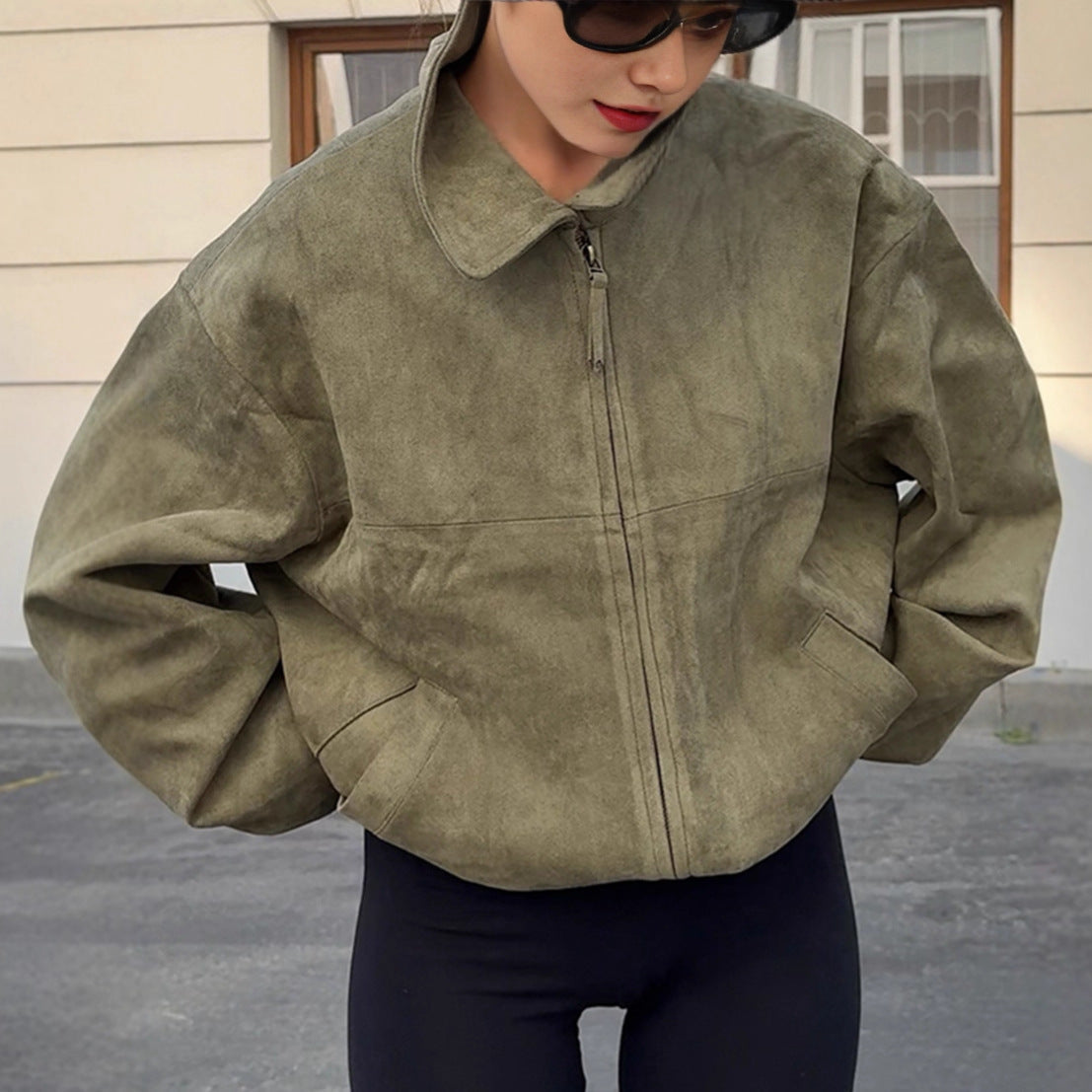 Damen Oversized Suede Jacke mit hohem Kragen und praktischen Taschen R&B