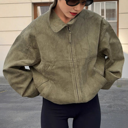Damen Oversized Suede Jacke mit hohem Kragen und praktischen Taschen R&B
