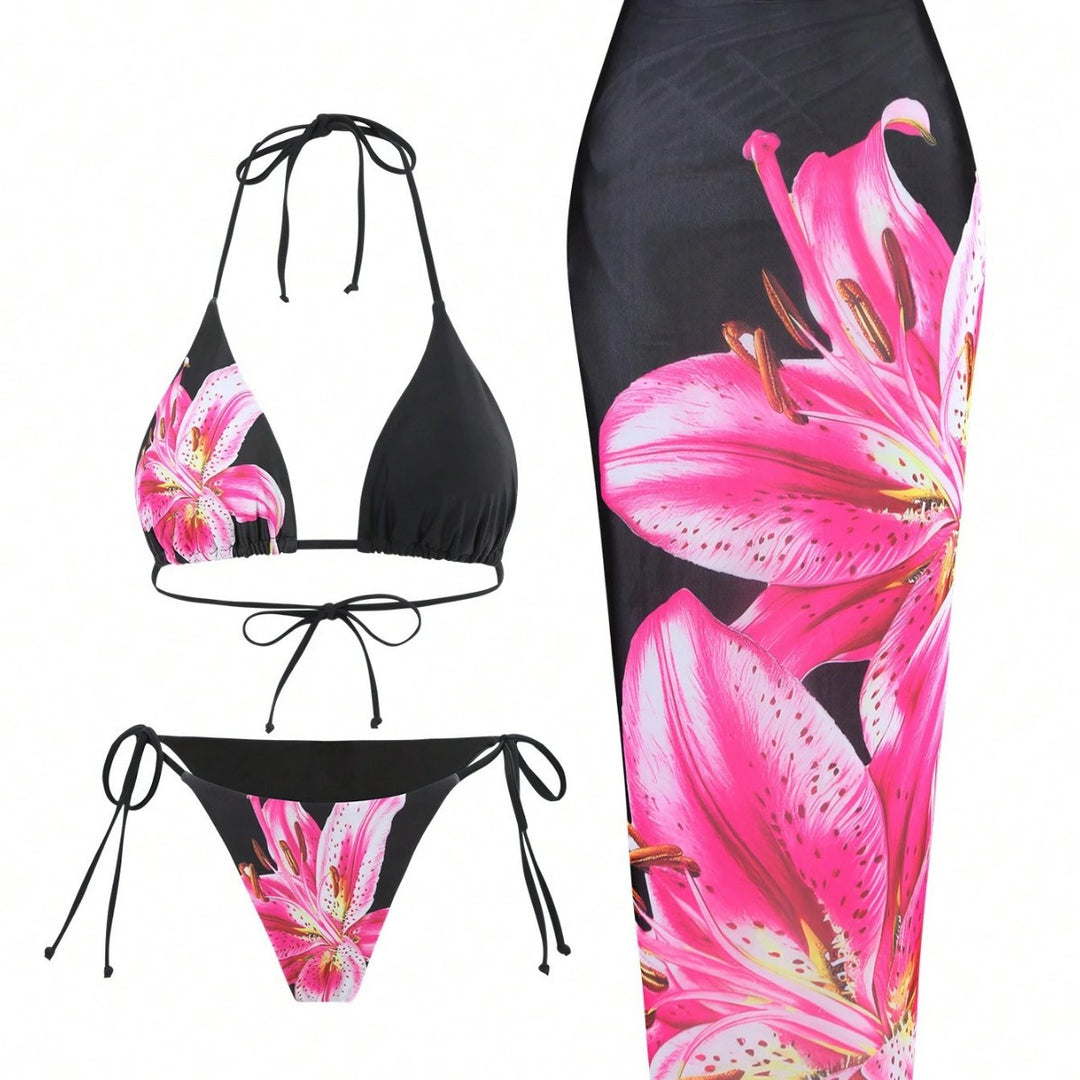 Damen Bikini-Set mit floralem Muster und passendem Wickelrock R&B