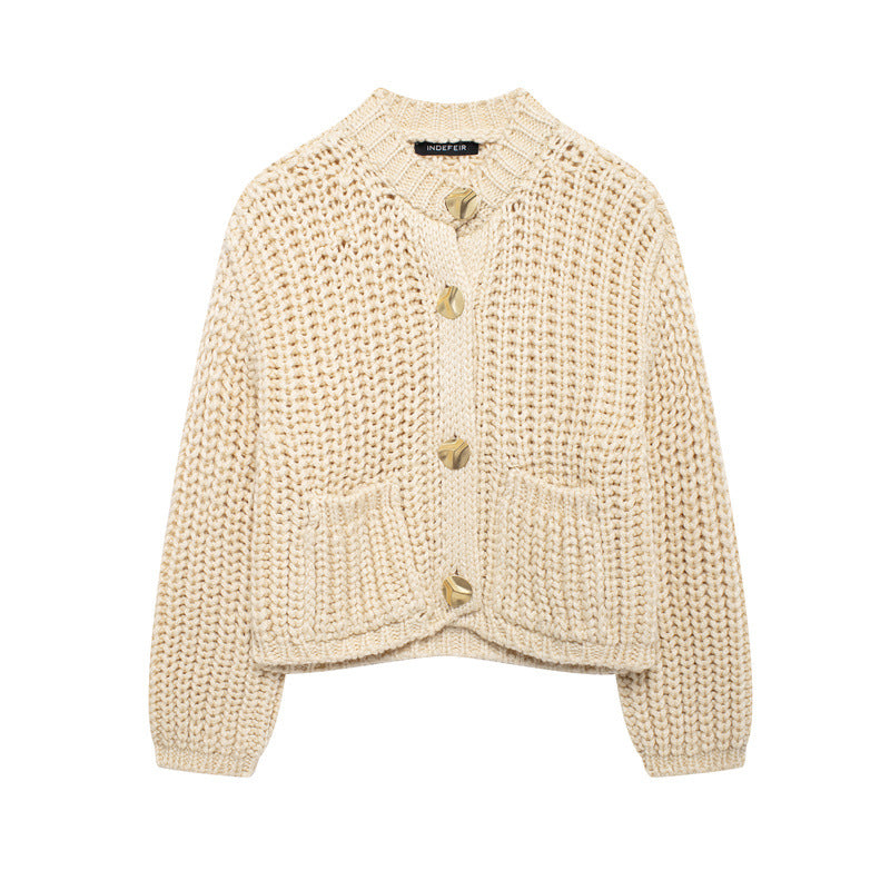 Damen kuschelige Strickjacke mit großen Knöpfen R&B