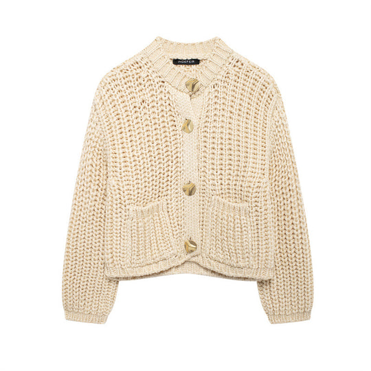 Damen kuschelige Strickjacke mit großen Knöpfen R&B