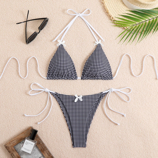 Damen Triangel-Bikini mit verspieltem Karomuster und bindbaren Trägern R&B