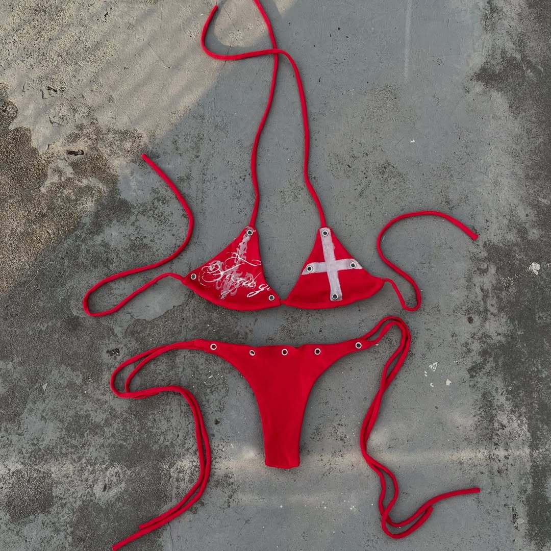 Damen Bunt bedruckter Bikini mit verstellbaren Schnürungen und dekorativen Ösen R&B