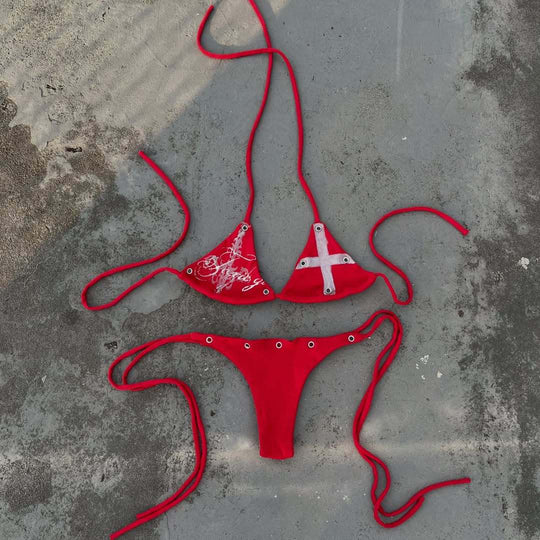 Damen Bunt bedruckter Bikini mit verstellbaren Schnürungen und dekorativen Ösen R&B