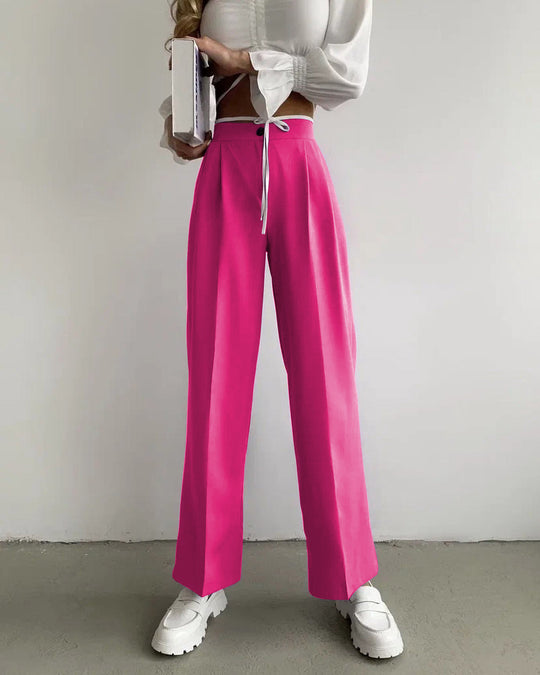 Damen weite klassische Hose mit hohem Bund und praktischen Bindegurten R&B
