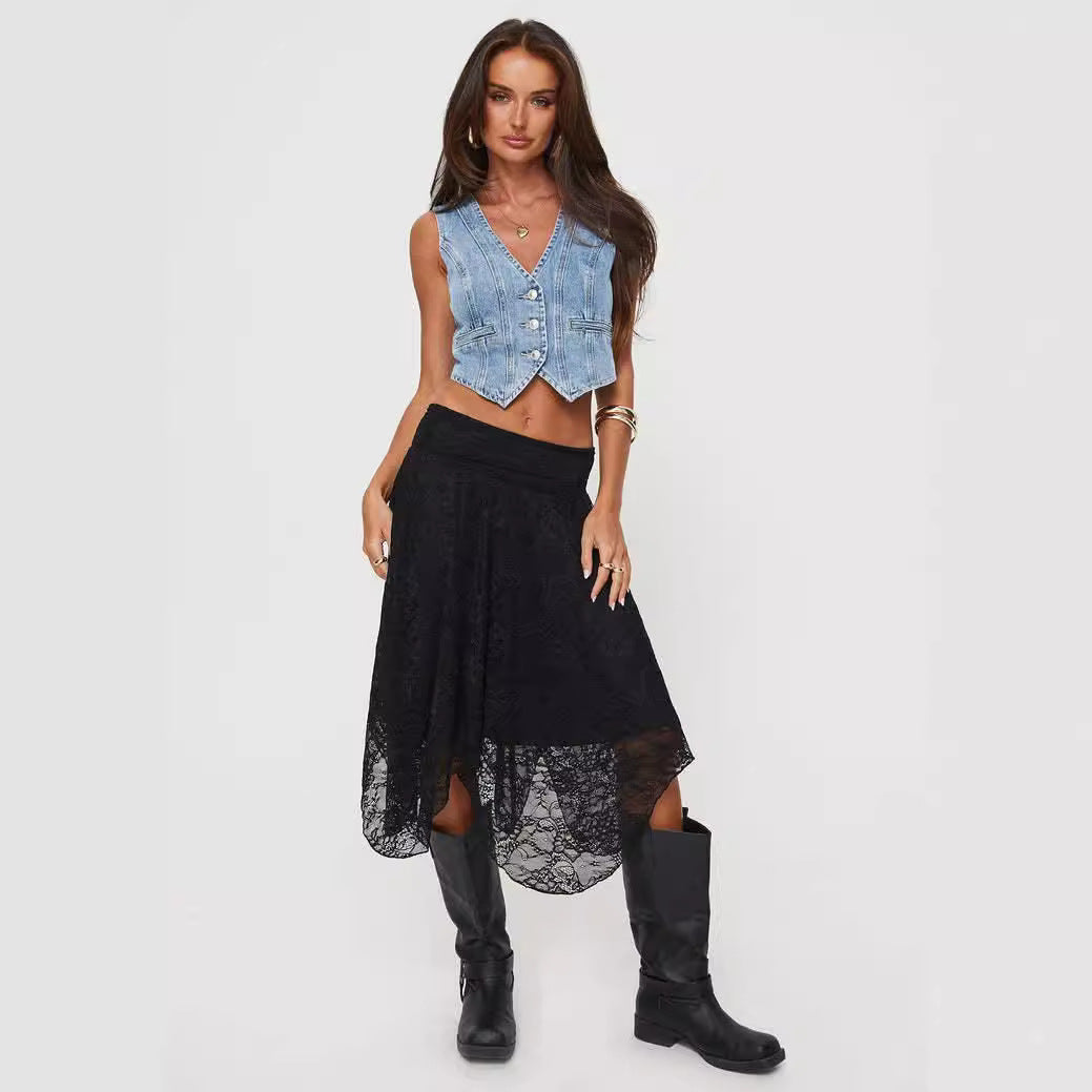 Damen R&Brne Spitzenmidi-Rock mit asymmetrischem Saum R&B