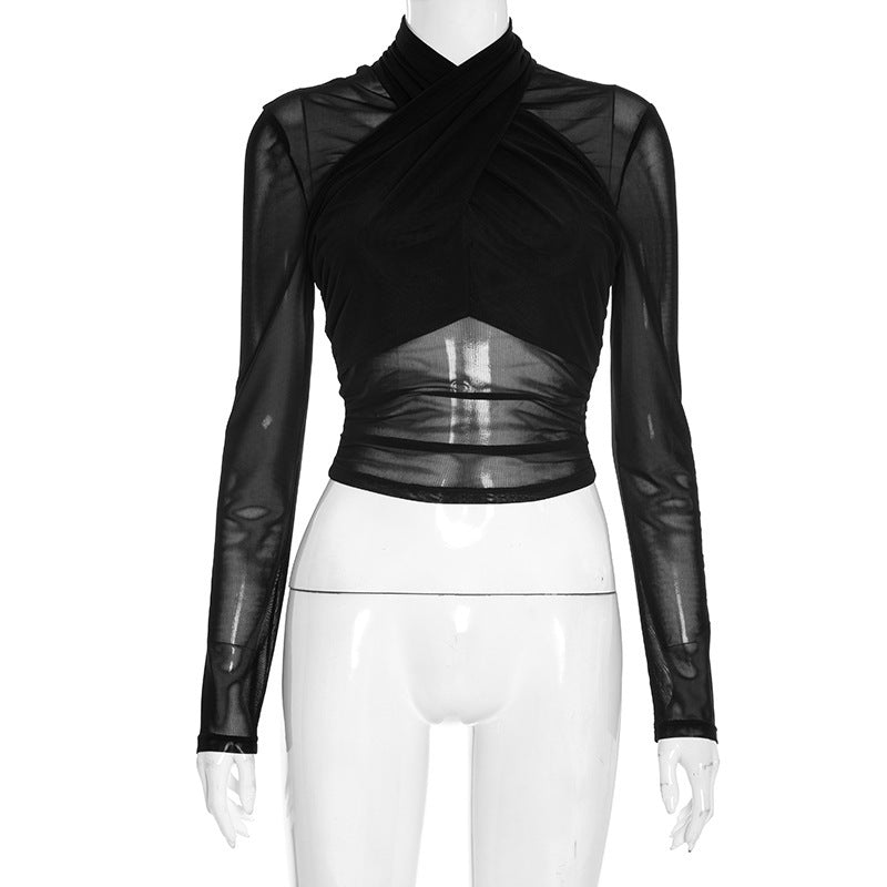 Damen Elegantes Wickeloberteil mit transparentem Stoff und langen Ärmeln R&B