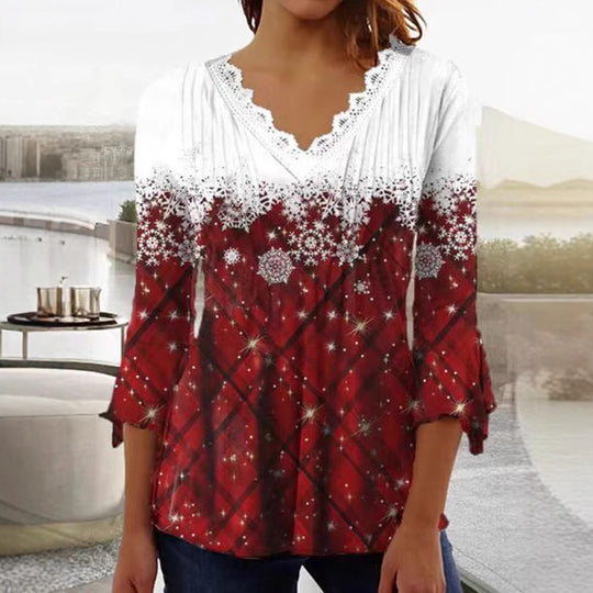 Damen Blusenshirt mit elegantem Spitzenhals und festlichem Karomuster Heidi-Mode