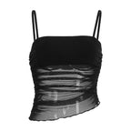 Damen leichtes Rüschenshirt mit Spaghettiträgern und transparenten Einsätzen R&B