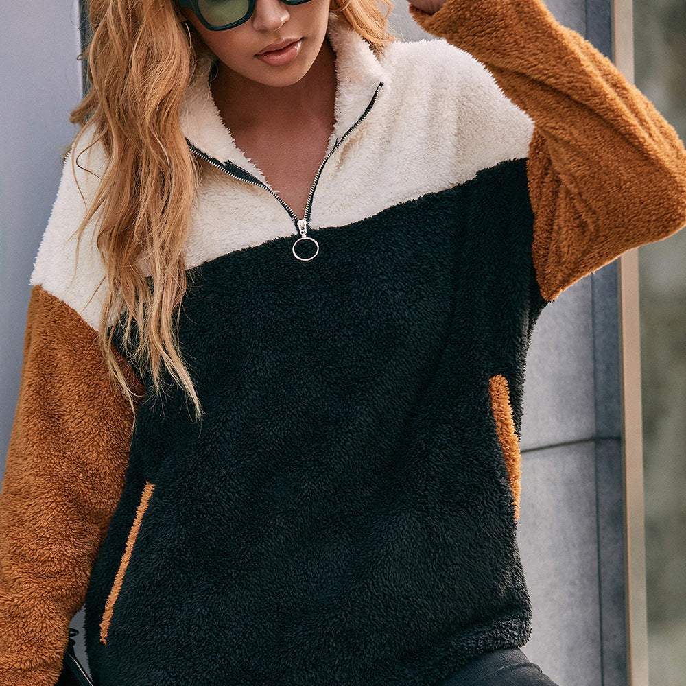 Damen kuschelige Fleece-Pulloverjacke mit Halb-Reißverschluss und Farbblockdesign R&B