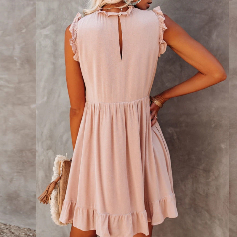 Damen lässiges Rüschendetails Kleid mit hohem Kragen R&B