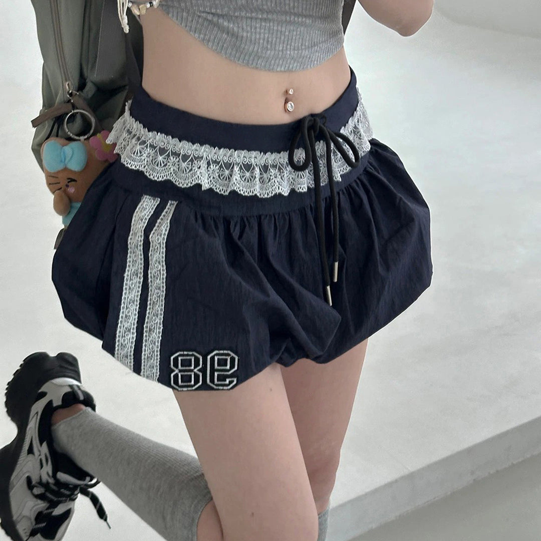 Damen sportliche und modische Shorts mit elegantem Spitzenbund und regulierbarem Taillenband R&B