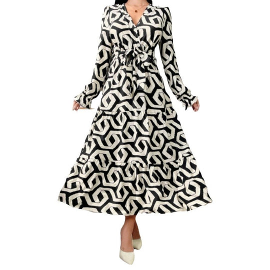 Damen Maxi-Kleid mit modernem geometrischen Druck und taillierbarem Design R&B