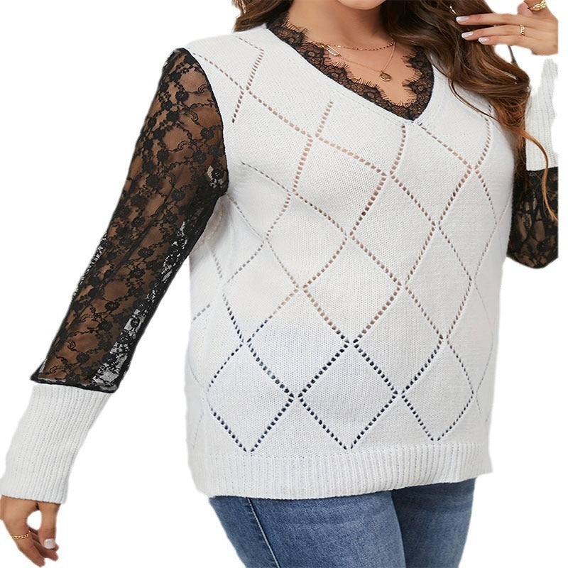 Damen V-Ausschnitt Pullover mit eleganten Spitzenärmeln R&B