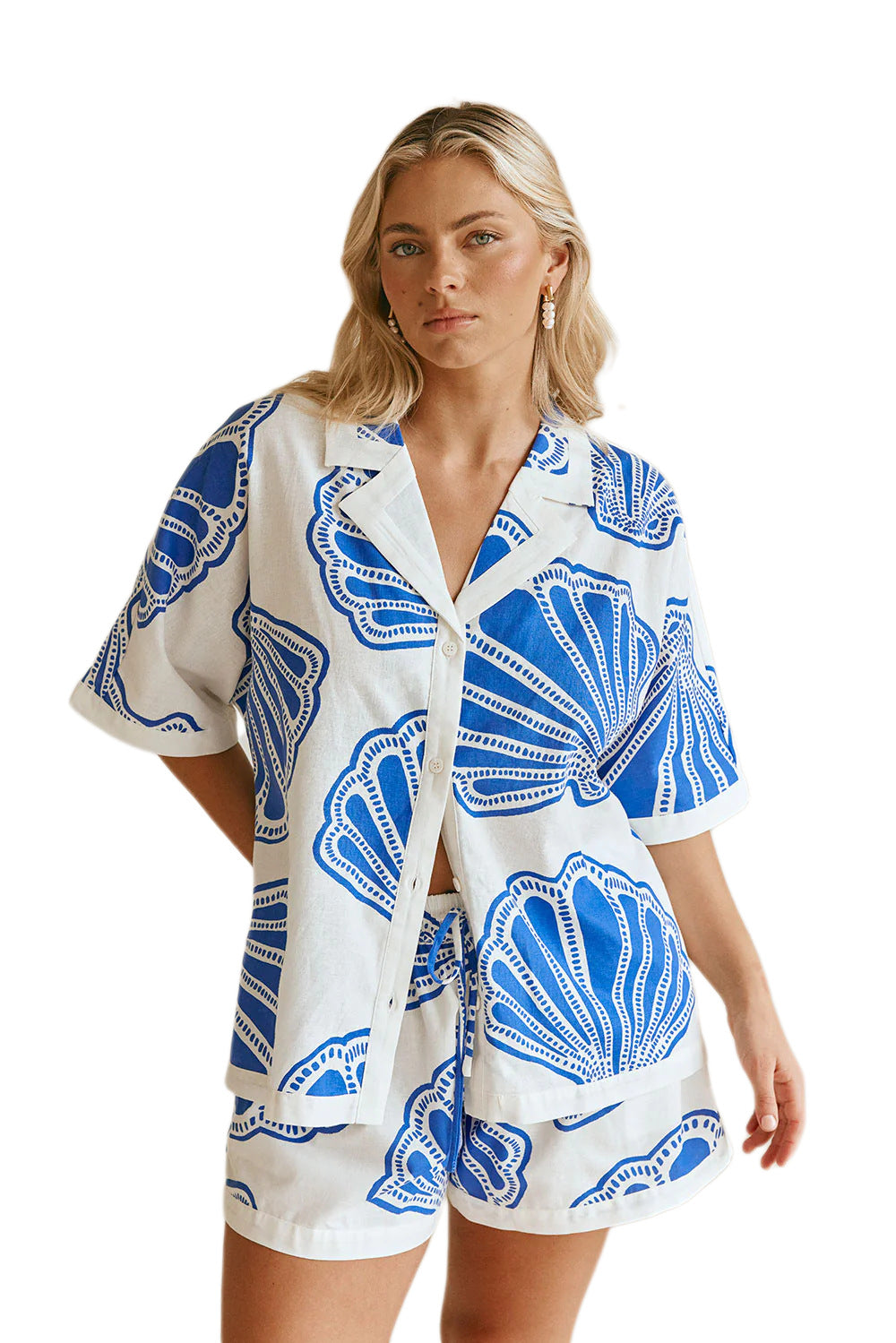 Damen Sommerliches Kurzarm-Set mit maritimem Muschel-Design und lockerer Passform R&B