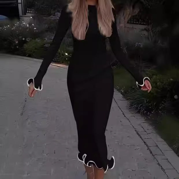 Damen Elegantes Langarm-Midikleid mit verspieltem Saum R&B