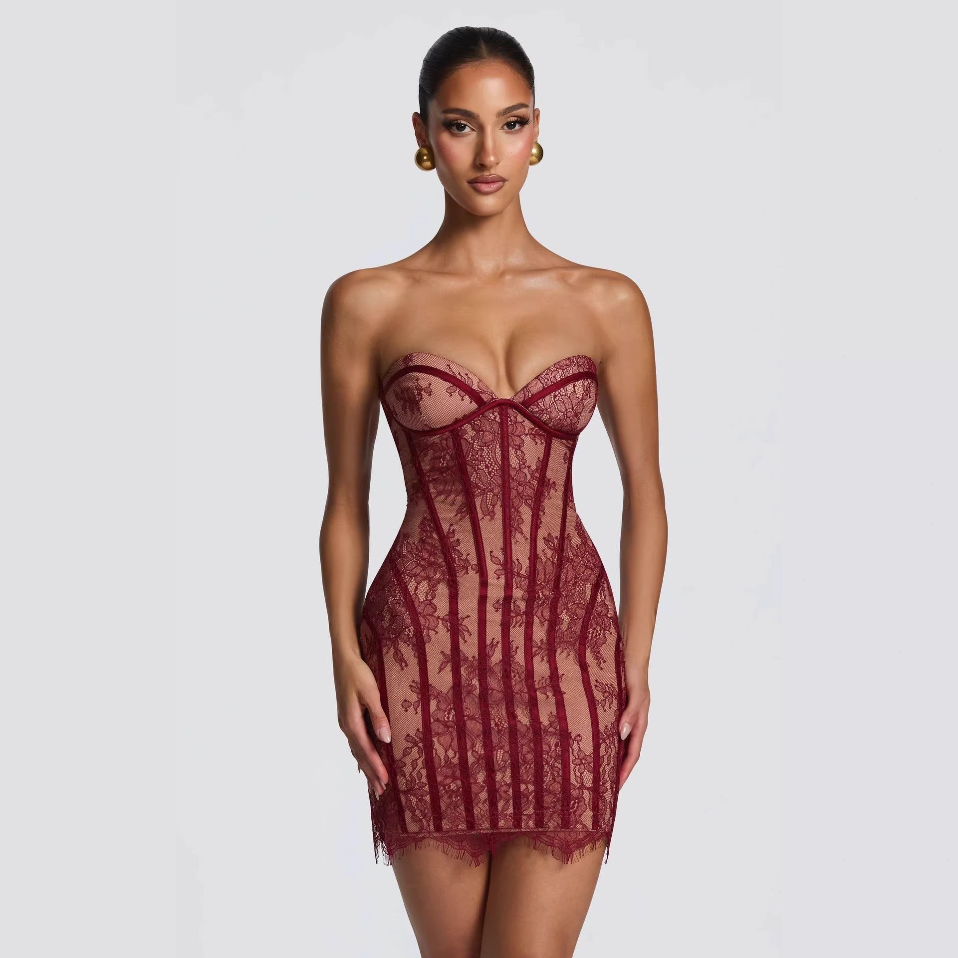Damen Elegantes Korsettkleid mit Spitzenverzierung und transparenter Optik R&B