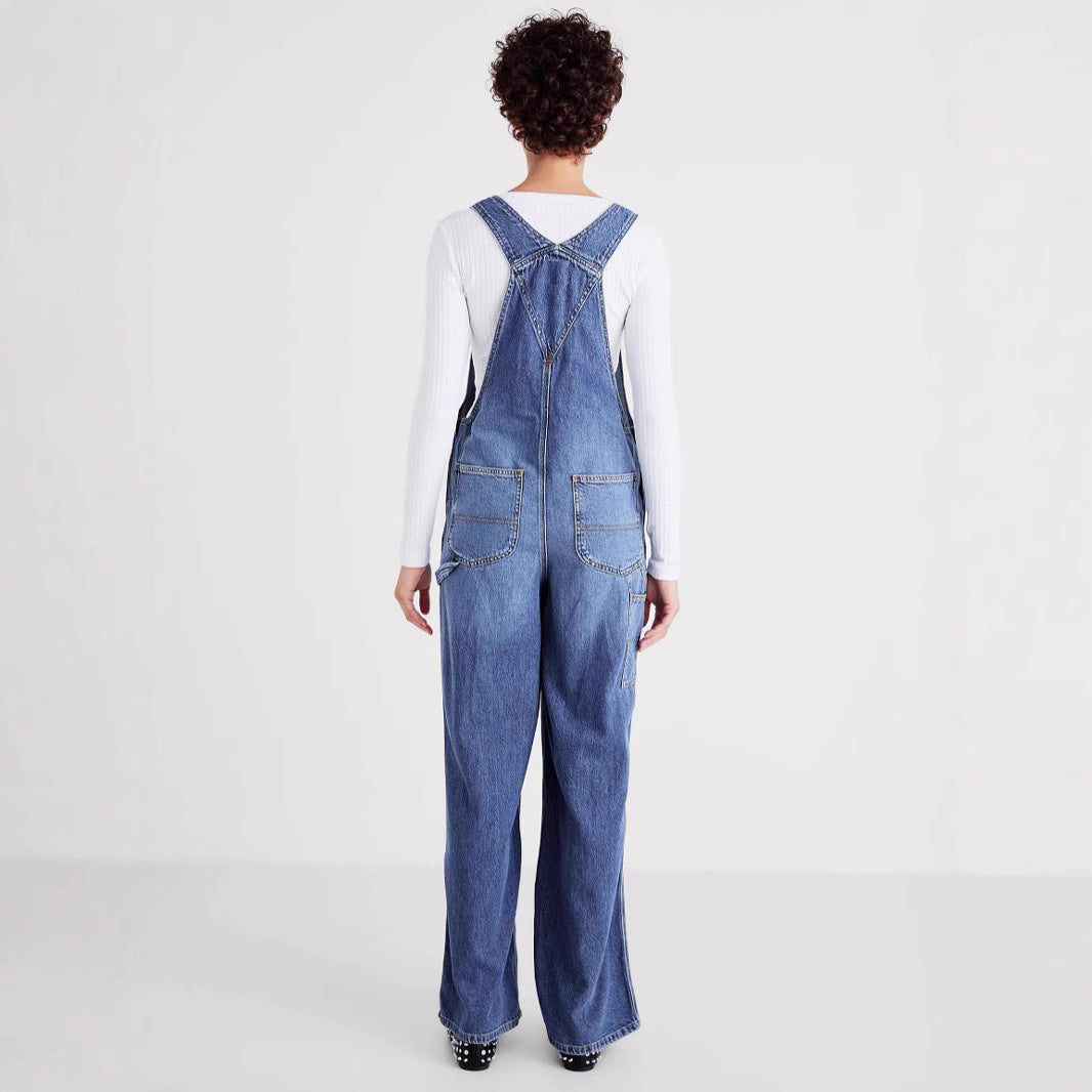 Damen Denim-Latzhose mit weitem Bein und verstellbaren Trägern R&B