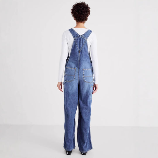 Damen Denim-Latzhose mit weitem Bein und verstellbaren Trägern R&B
