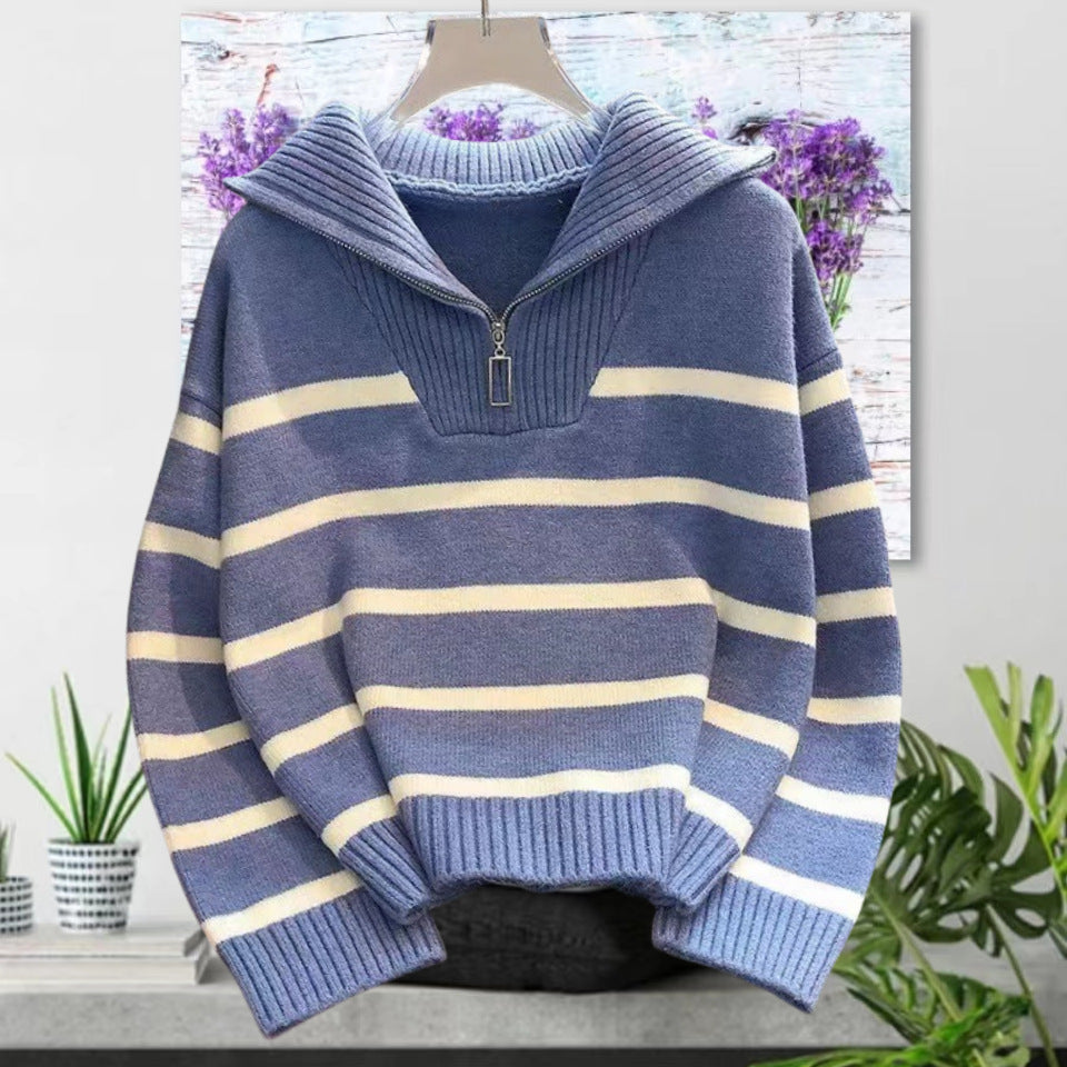 Damen gestreifter Pullover mit hohem Kragen und Reißverschluss R&B