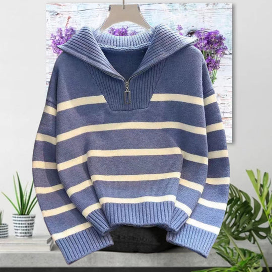 Damen gestreifter Pullover mit hohem Kragen und Reißverschluss R&B