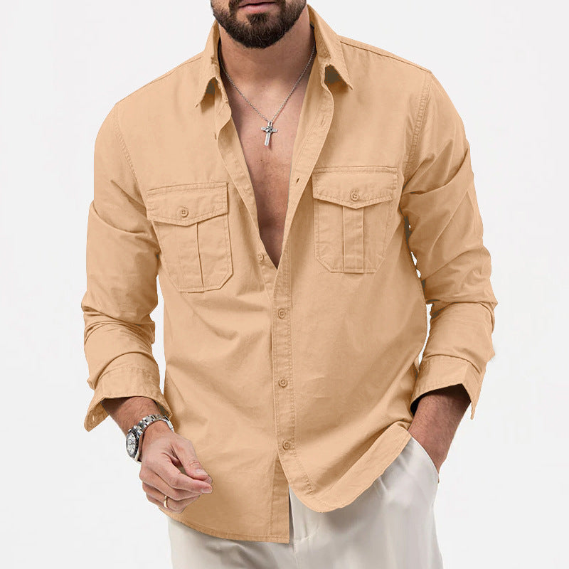 Herren nan legeres Baumwoll-Twill-Hemd mit aufgesetzten Brustklappen und Kentkragen R&B