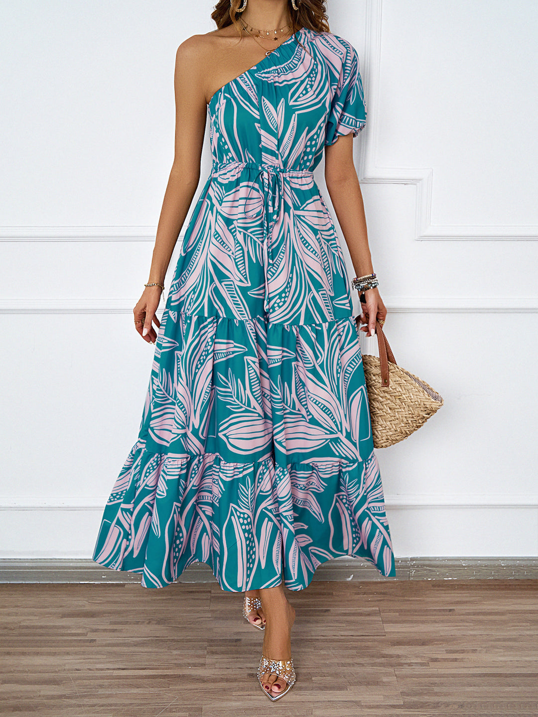 Damen Maxikleid im asymmetrischen Design mit floralem Muster und Wickelgürtel R&B