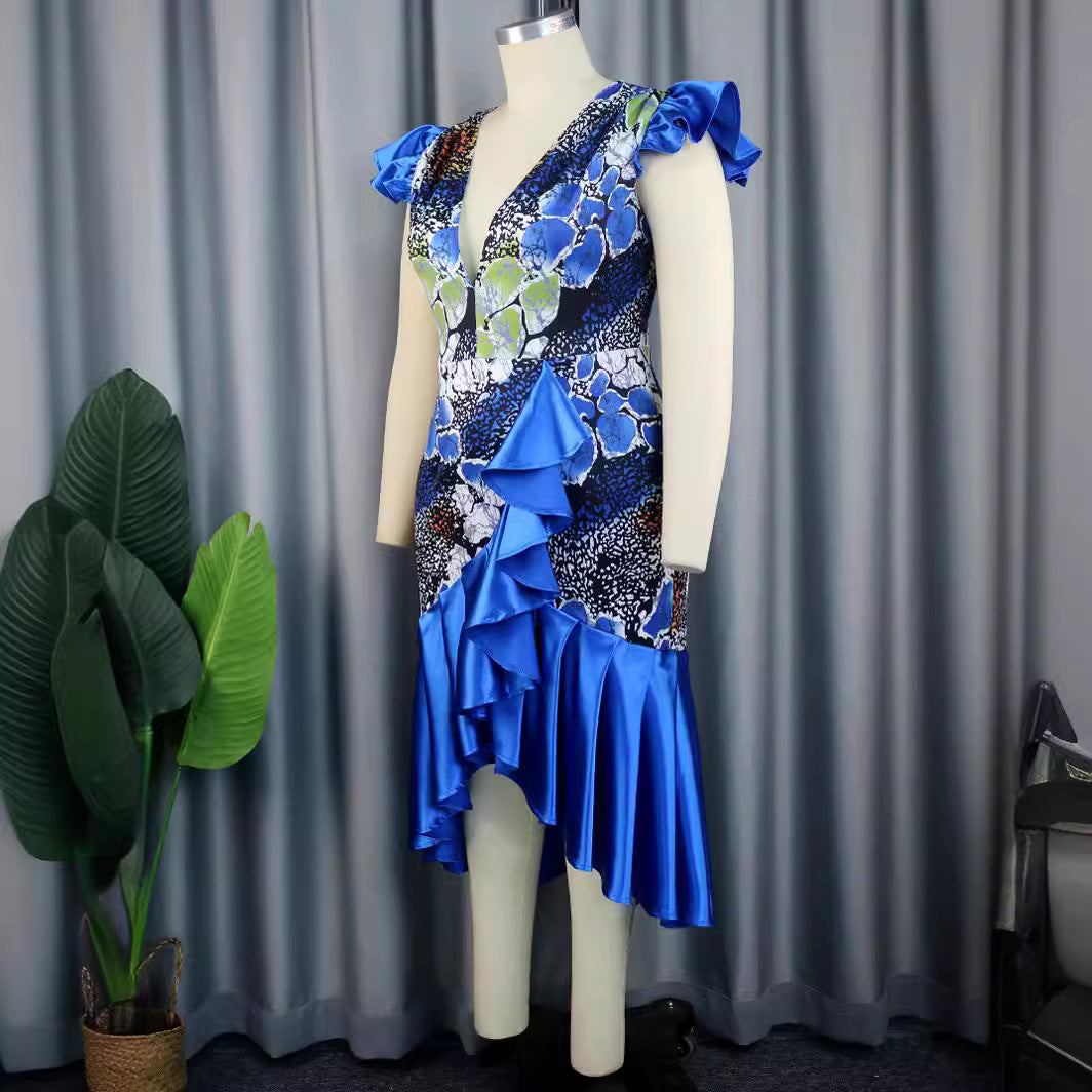 Damen Elegantes Rüschenkleid mit tiefem V-Ausschnitt und gefüllten Ärmeln R&B